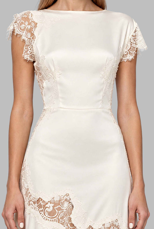 Virtual model wearing The Eleonora Lace Satin Dress Lace-Inset Asymmetrical-Hem Gown in Cream