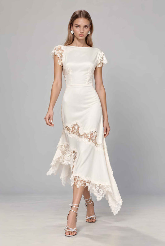 Virtual model wearing The Eleonora Lace Satin Dress Lace-Inset Asymmetrical-Hem Gown in Cream