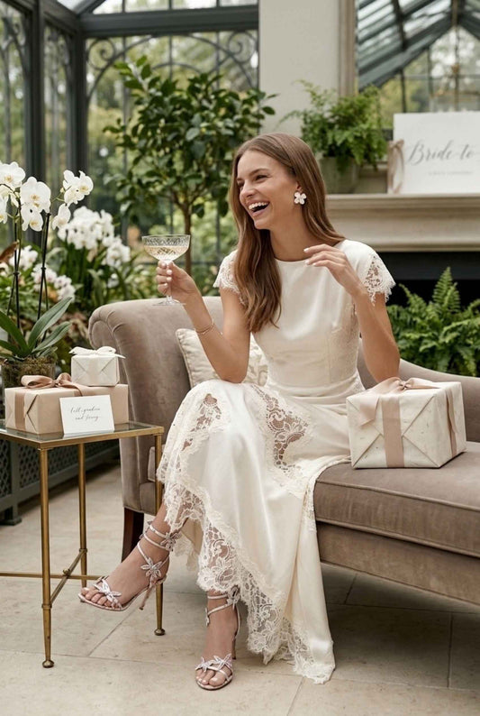 Virtual model wearing The Eleonora Lace Satin Dress Lace-Inset Asymmetrical-Hem Gown in Cream