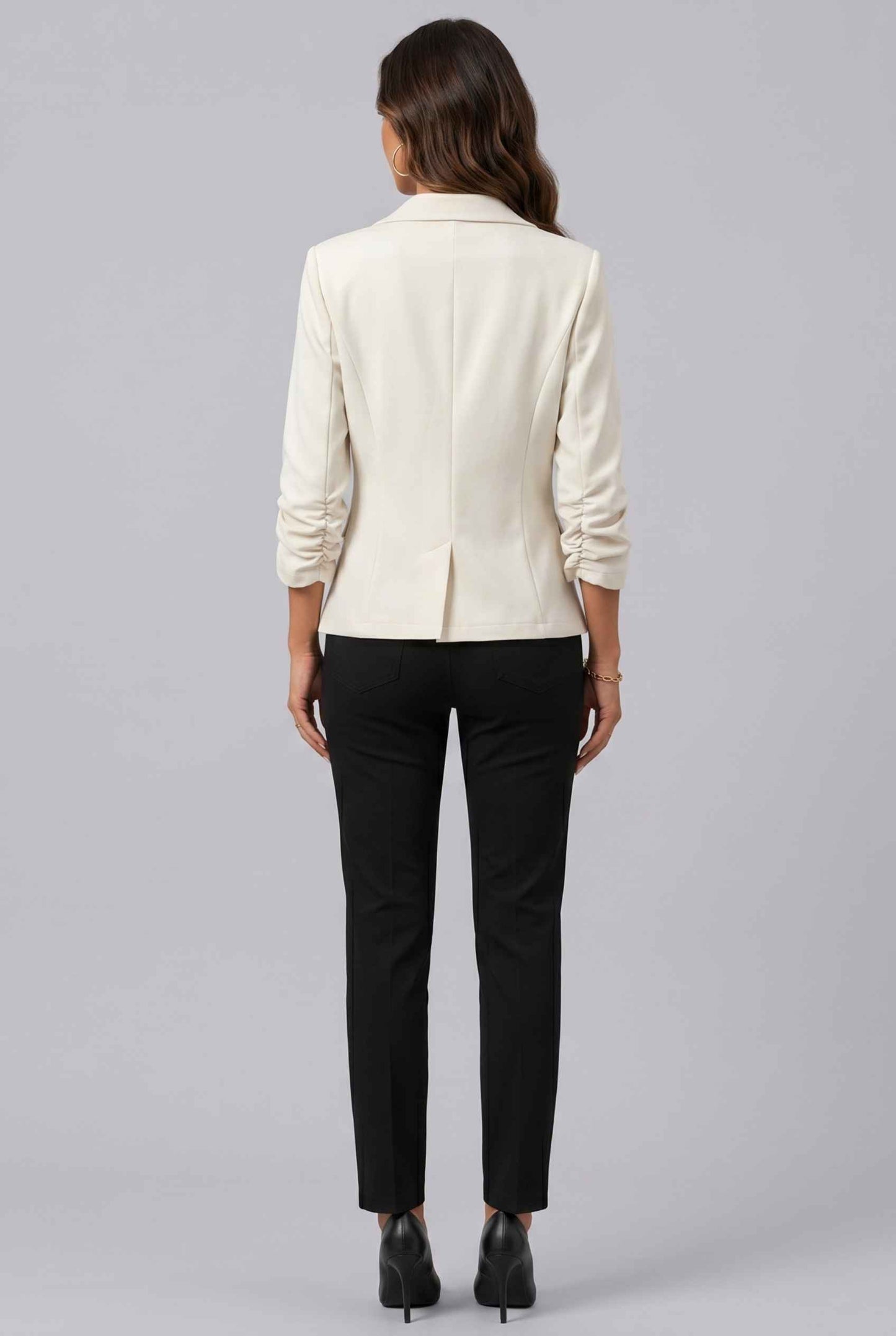 Virtual Model wearing The Elodie Satin Blazer Ruched Sleeve Ivory Single Button Jacket