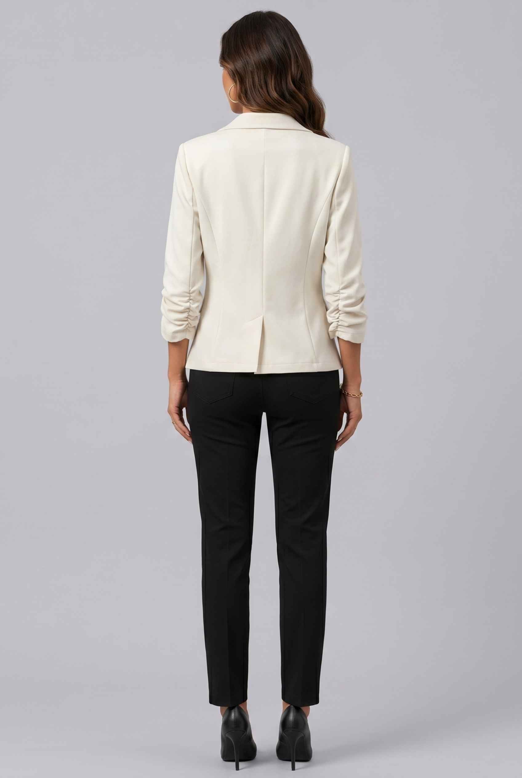 Virtual Model wearing The Elodie Satin Blazer Ruched Sleeve Ivory Single Button Jacket