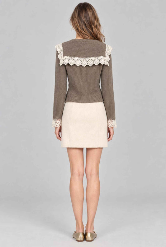 Virtual model wearing The Eloise Lace Knit Cardigan Lace-Trimmed Ribbed-Knit Cardigan in Taupe