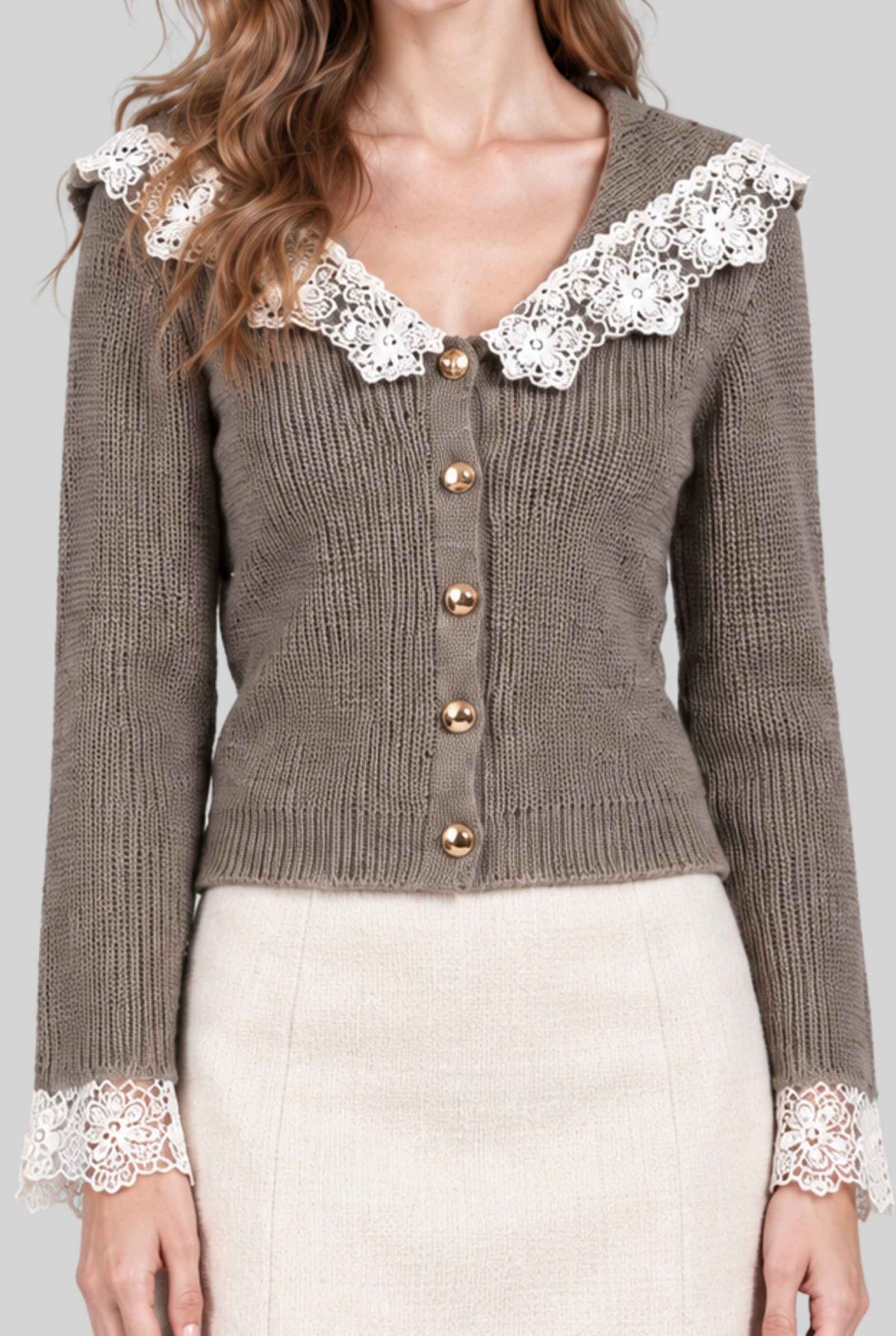 Virtual model wearing The Eloise Lace Knit Cardigan Lace-Trimmed Ribbed-Knit Cardigan in Taupe
