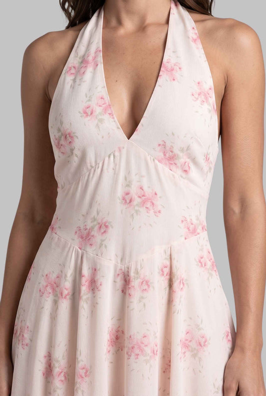 Virtual model wearing The Elowen Chiffon Halter Dress Pink Floral Midi Dress