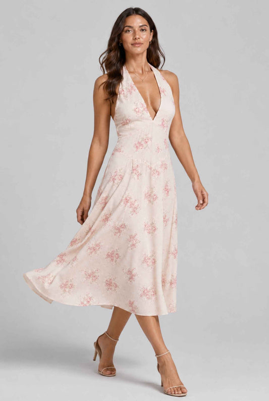 Virtual model wearing The Elowen Chiffon Halter Dress Pink Floral Midi Dress