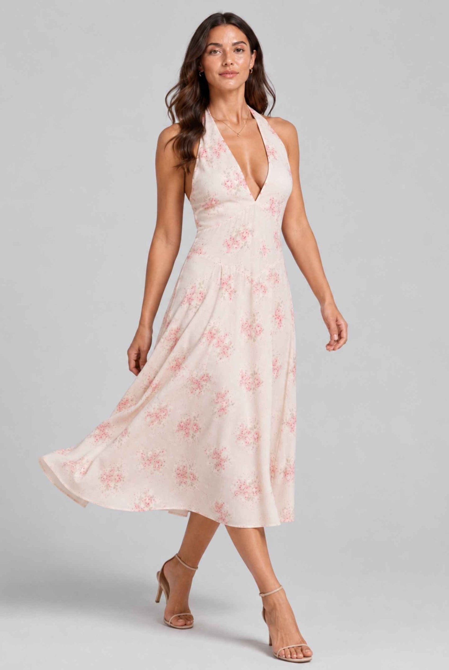 Virtual Model wearing The Elowen Chiffon Halter Midi Plunge Halter Neck Pink Floral Dress