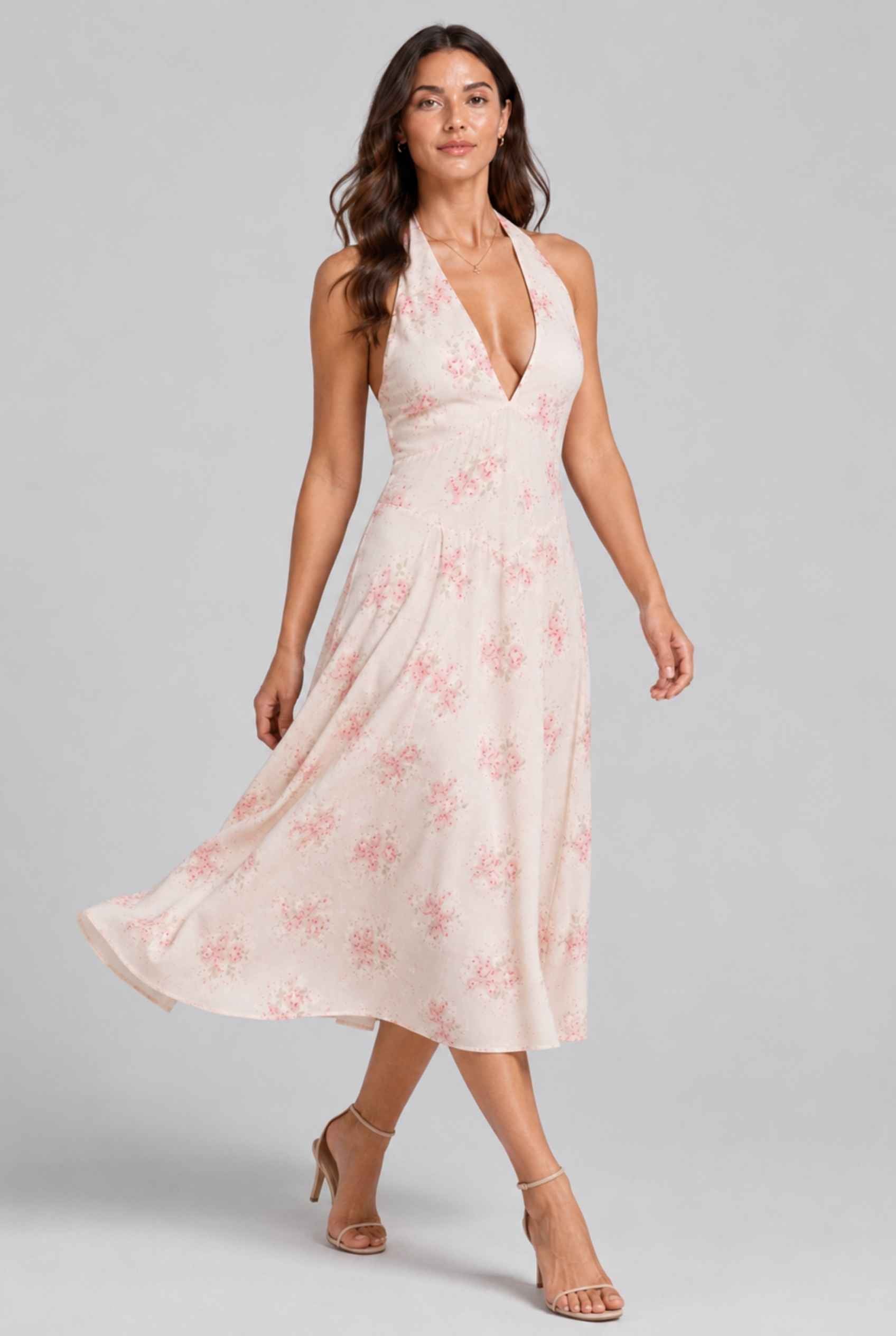 Virtual Model wearing The Elowen Chiffon Halter Midi Plunge Halter Neck Pink Floral Dress