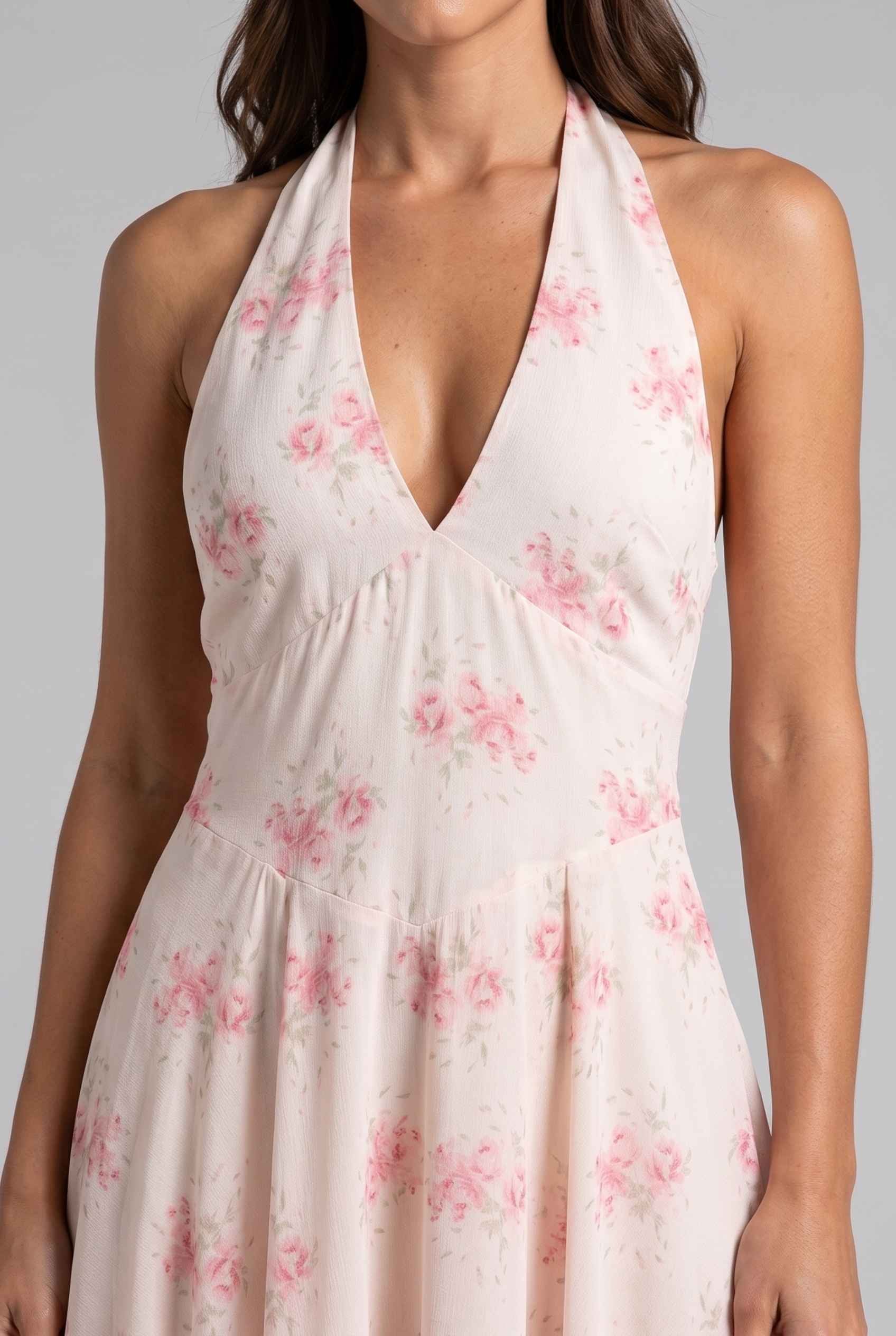 Virtual Model wearing The Elowen Chiffon Halter Midi Plunge Halter Neck Pink Floral Dress
