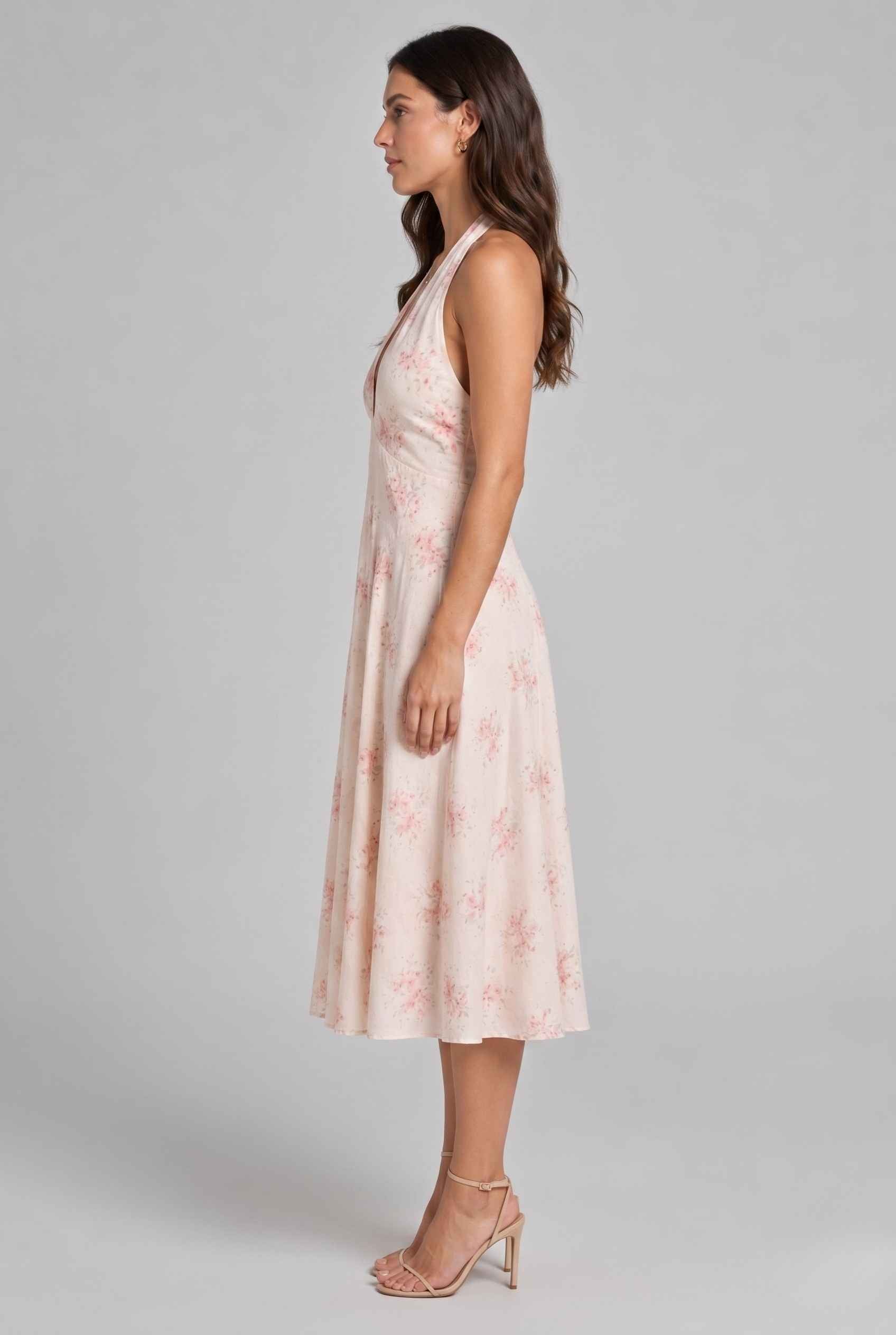 Virtual Model wearing The Elowen Chiffon Halter Midi Plunge Halter Neck Pink Floral Dress