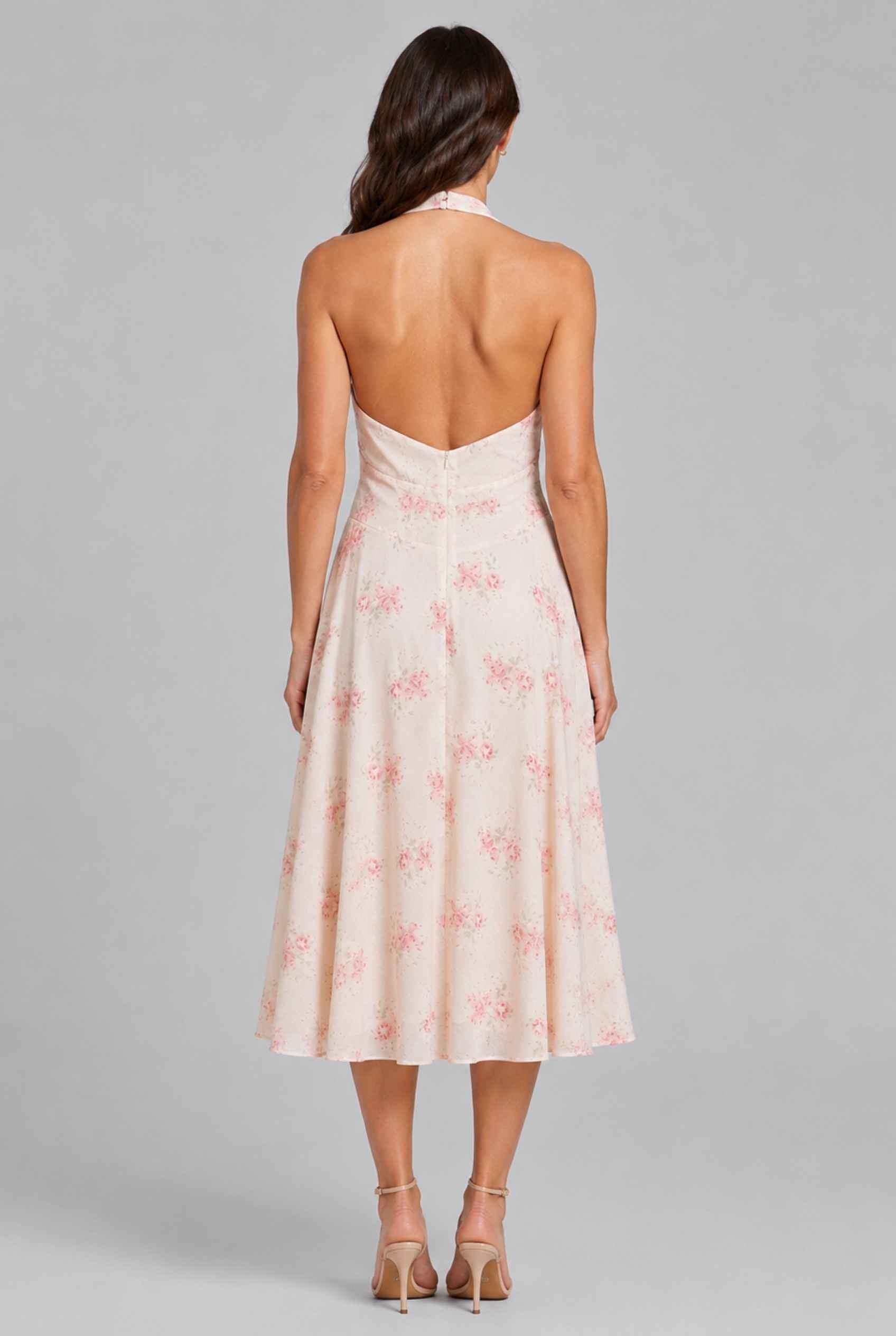 Virtual Model wearing The Elowen Chiffon Halter Midi Plunge Halter Neck Pink Floral Dress