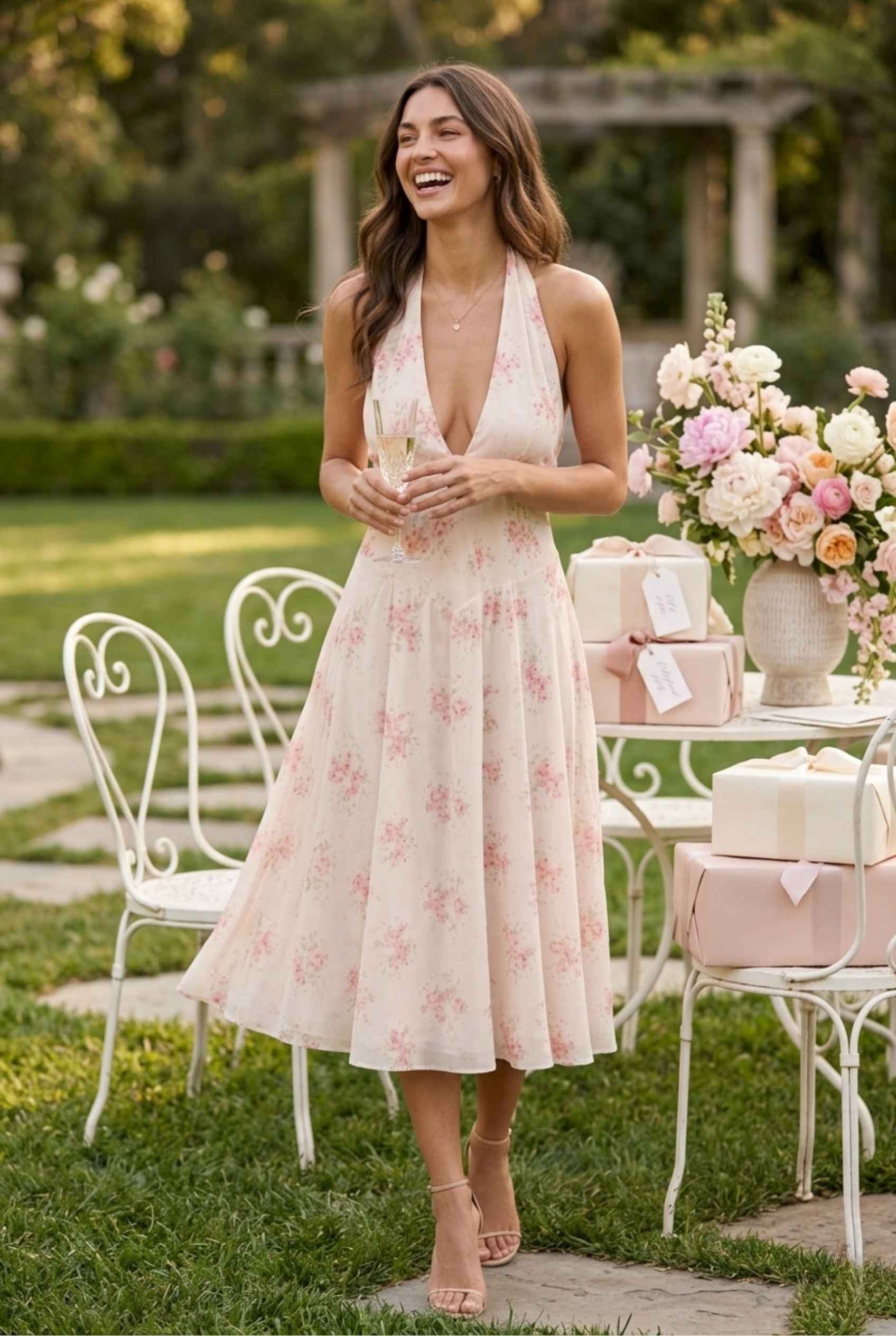 Virtual Model wearing The Elowen Chiffon Halter Midi Plunge Halter Neck Pink Floral Dress