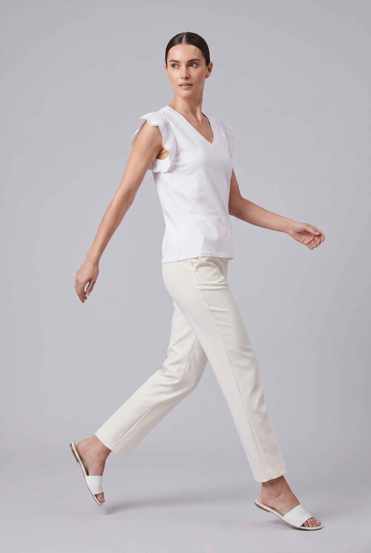 Virtual Model wearing The Emilia Eyelet Top Ruffled Cap Sleeve White V-Neck Top