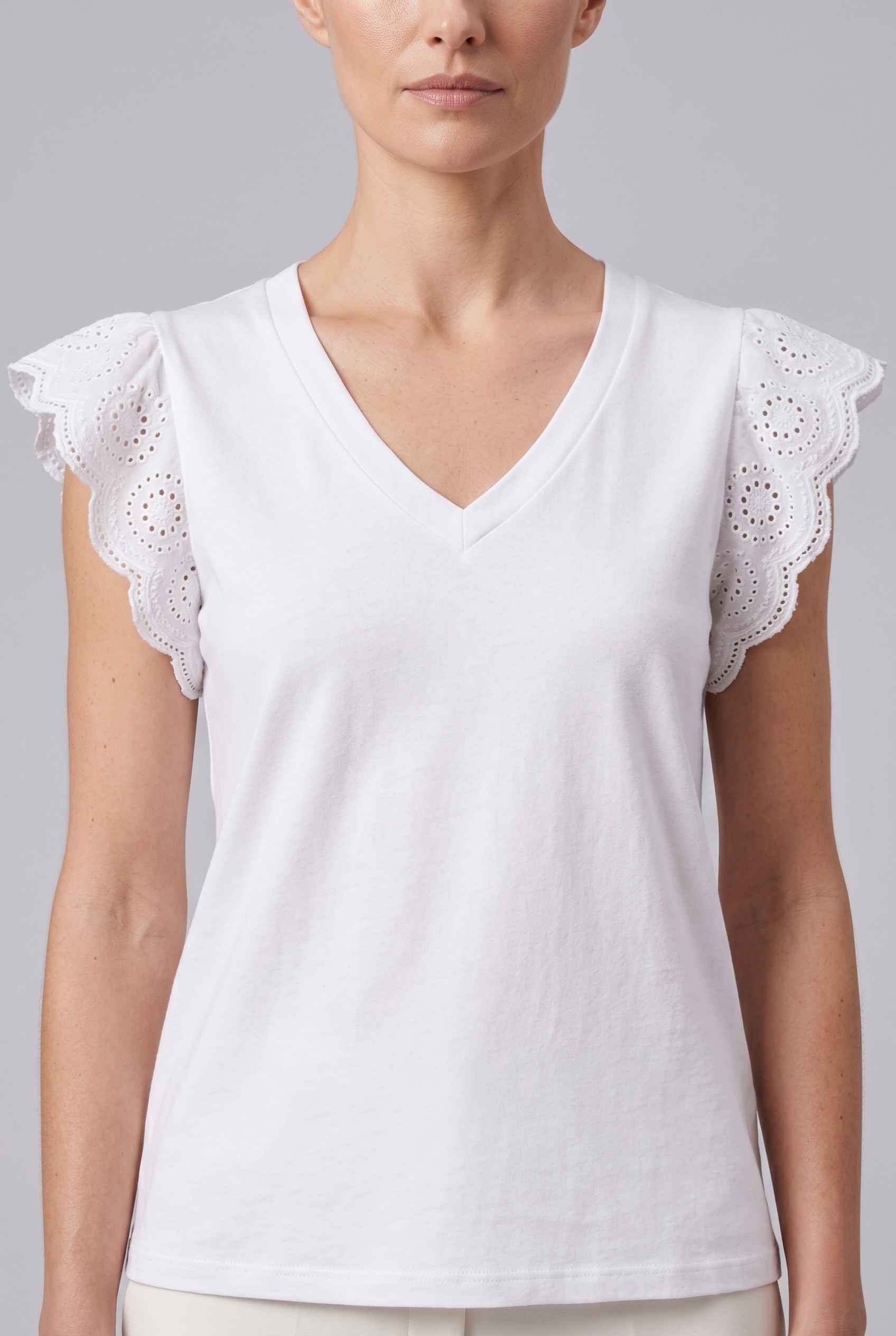 Virtual Model wearing The Emilia Eyelet Top Ruffled Cap Sleeve White V-Neck Top