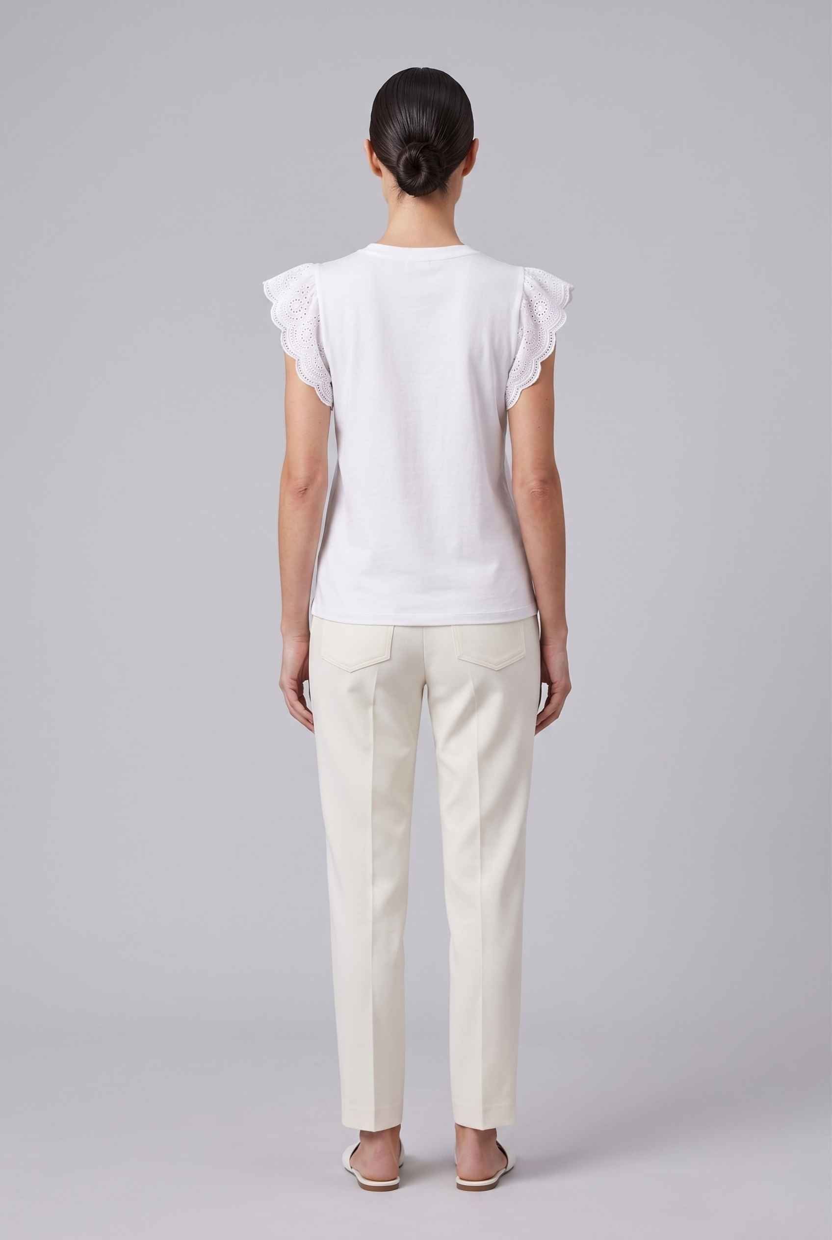 Virtual Model wearing The Emilia Eyelet Top Ruffled Cap Sleeve White V-Neck Top