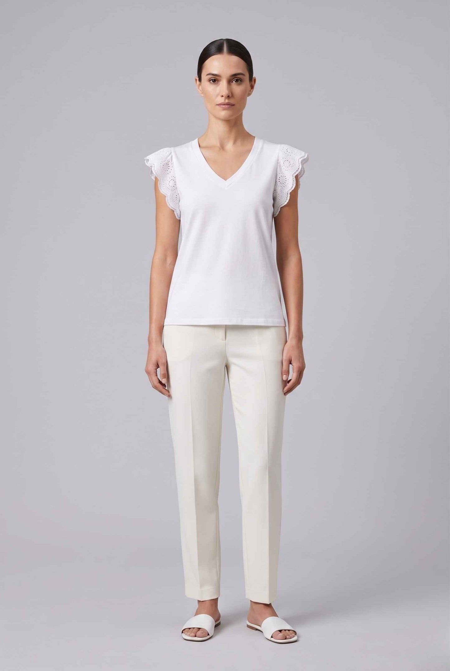 Virtual Model wearing The Emilia Eyelet Top Ruffled Cap Sleeve White V-Neck Top