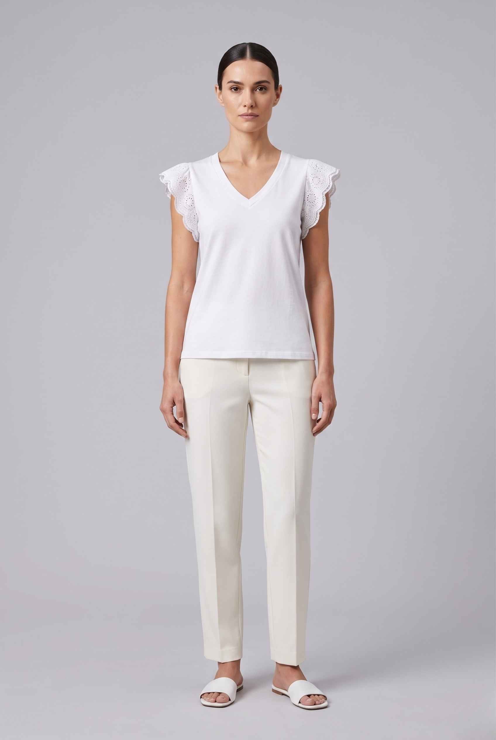 Virtual Model wearing The Emilia Eyelet Top Ruffled Cap Sleeve White V-Neck Top