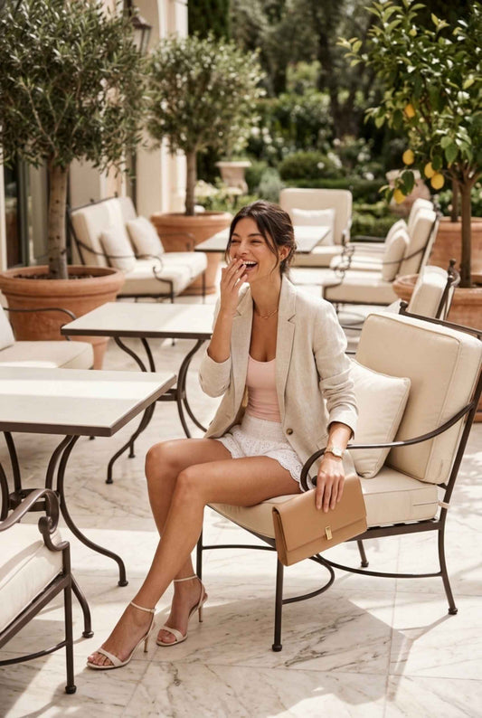 Virtual Model Wearing The Emiliya Eyelet Short White Eyelet Smocked Low-Rise Shorts