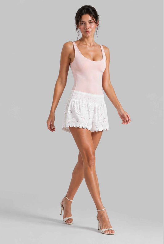 Virtual Model Wearing The Emiliya Eyelet Short White Eyelet Smocked Low-Rise Shorts