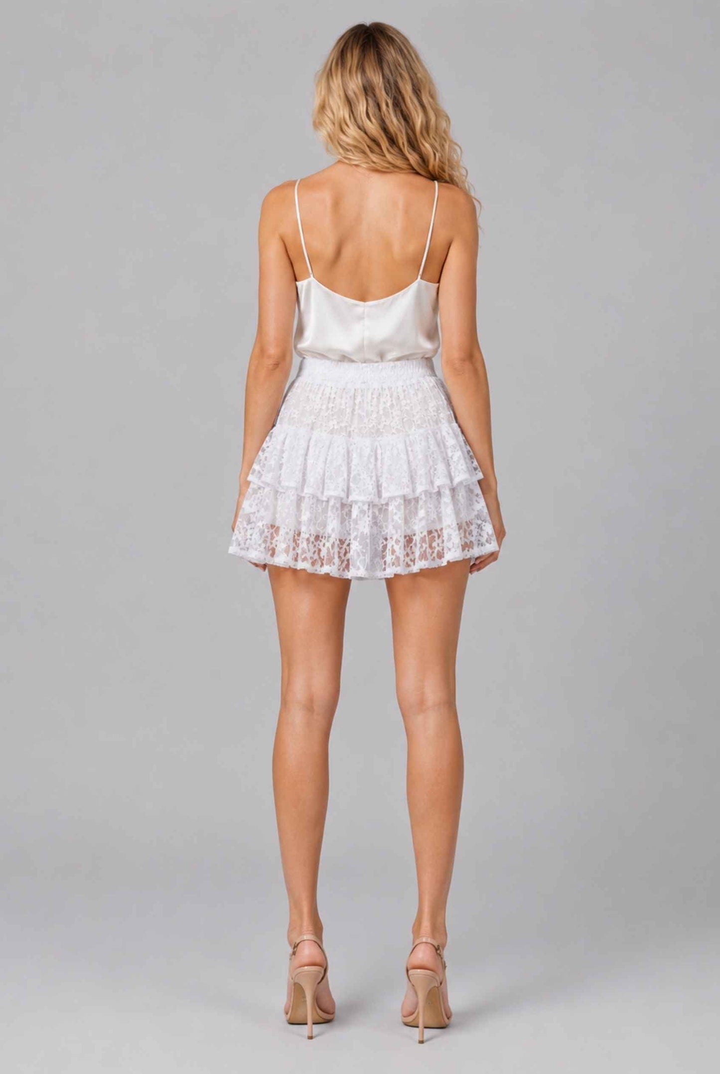 Virtual Model wearing The Emmeline Lace Mini Skirt White Tiered Floral Lace Lined Mini Skirt