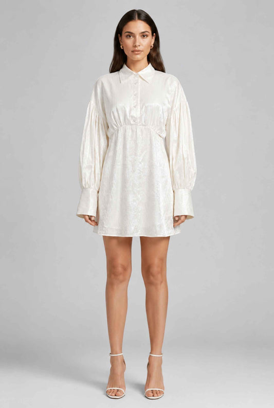 Virtual model wearing The Enya Satin Shirt Dress Ivory Textured Satin Mini Dress
