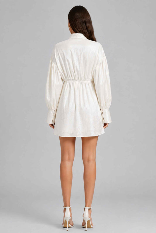 Virtual model wearing The Enya Satin Shirt Dress Ivory Textured Satin Mini Dress