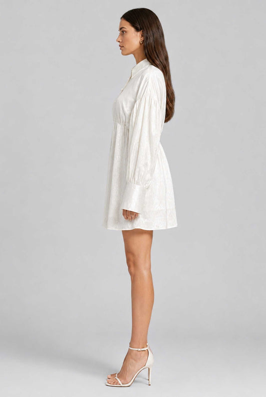 Virtual model wearing The Enya Satin Shirt Dress Ivory Textured Satin Mini Dress