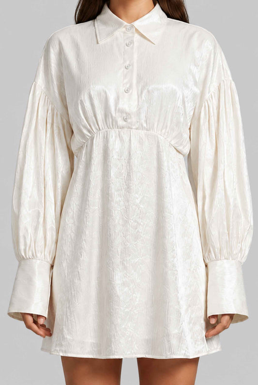 Virtual model wearing The Enya Satin Shirt Dress Ivory Textured Satin Mini Dress