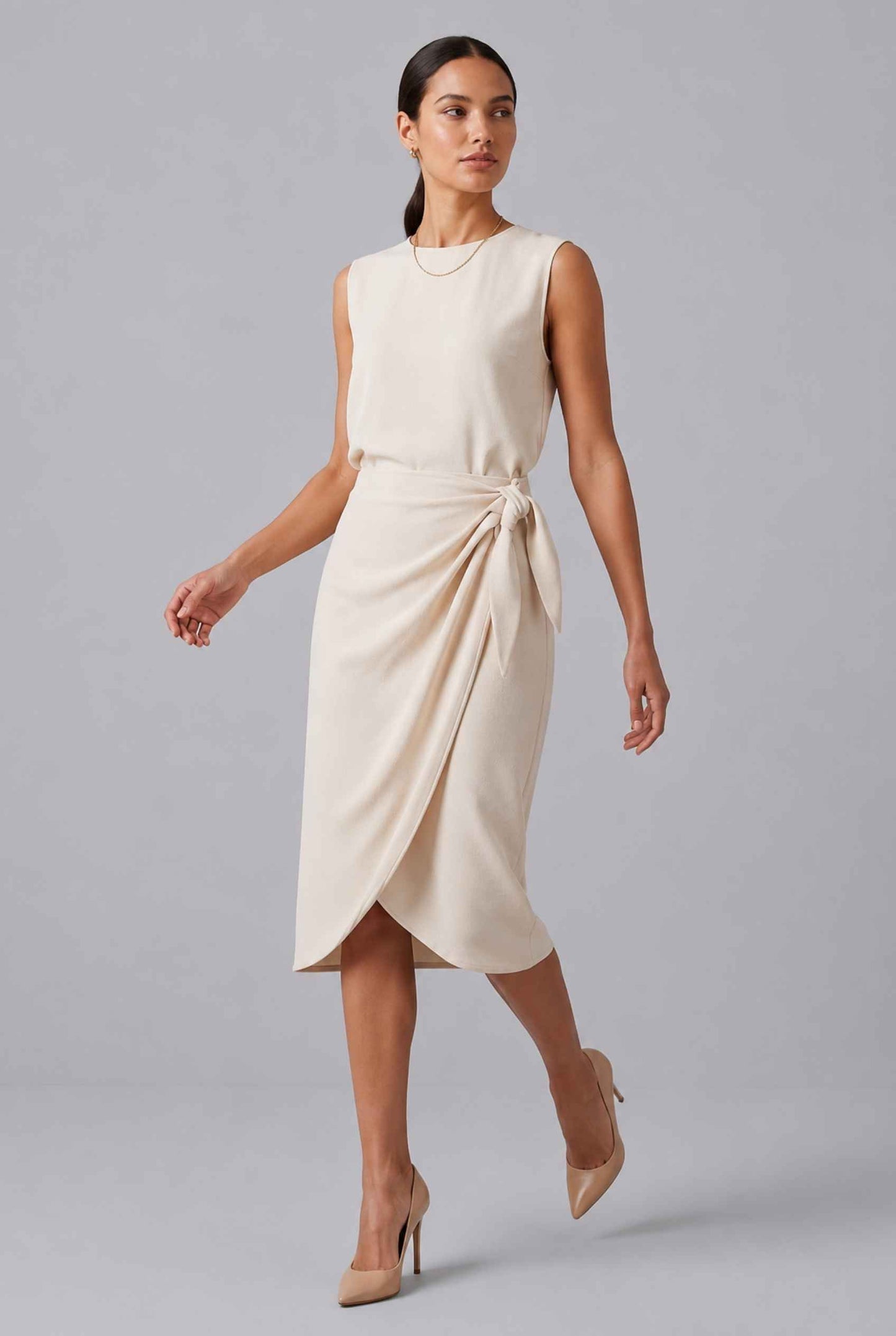 Virtual Model wearing The Esme Wrap Skirt Tie Waist Beige Midi Skirt