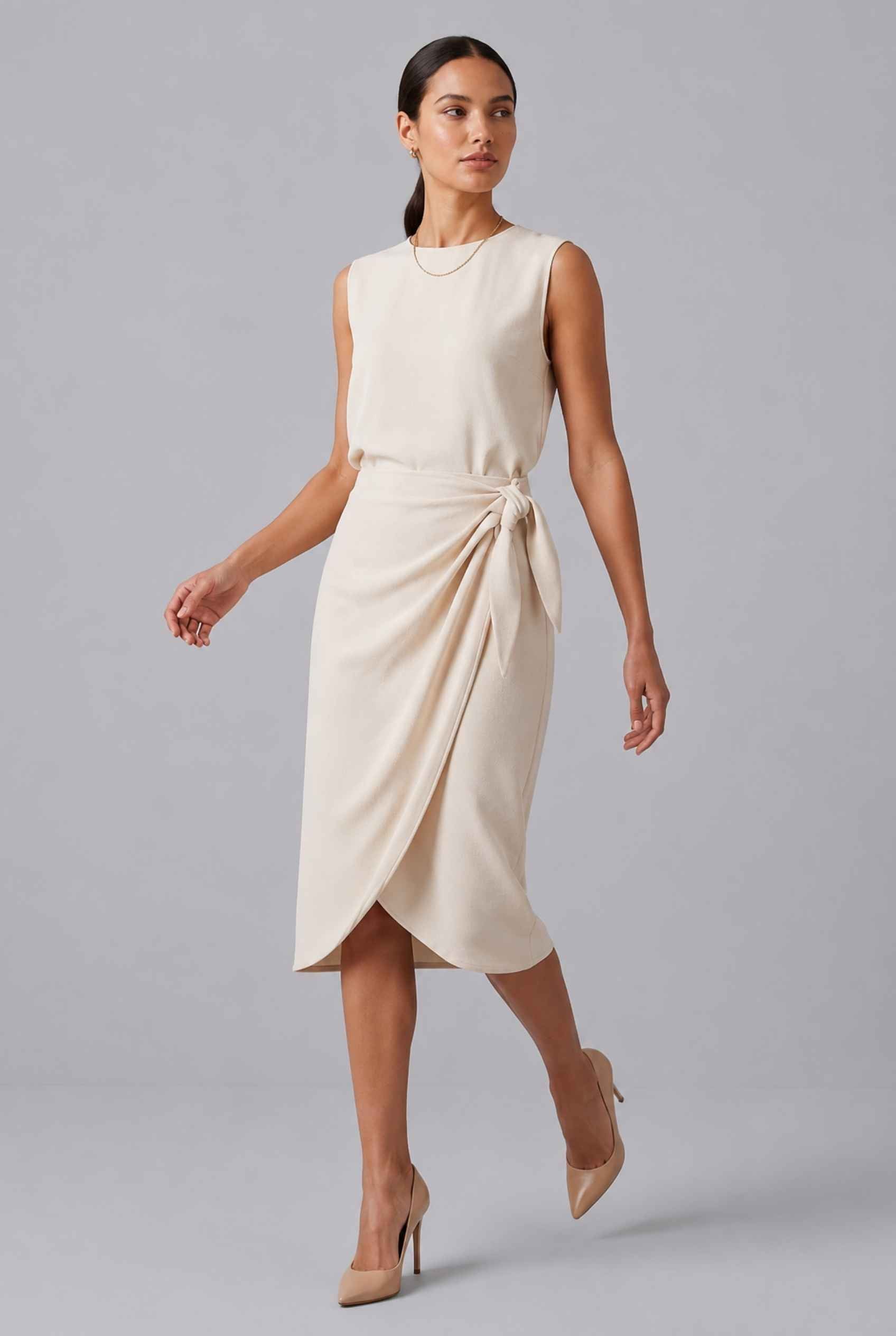 Virtual Model wearing The Esme Wrap Skirt Tie Waist Beige Midi Skirt