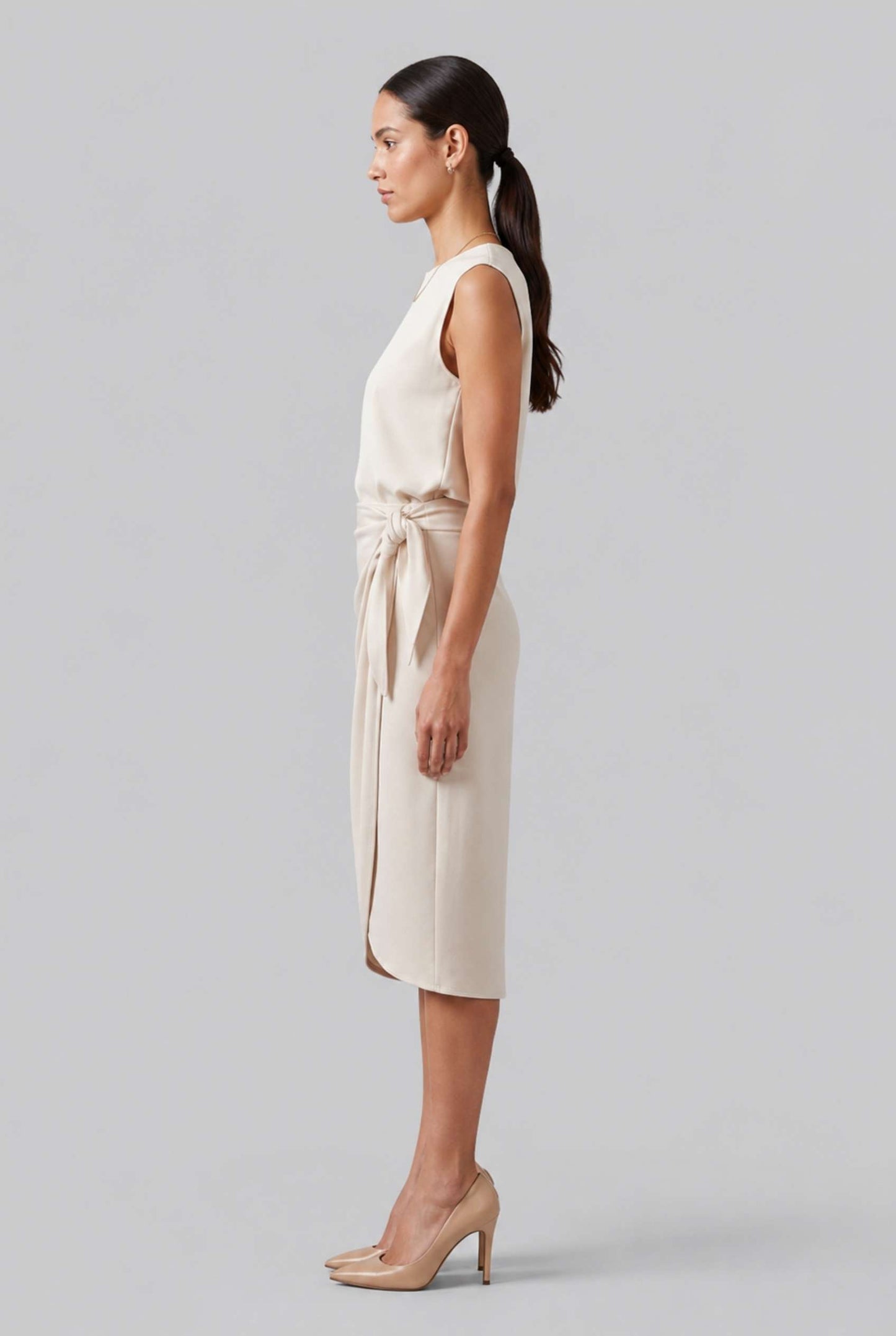Virtual Model wearing The Esme Wrap Skirt Tie Waist Beige Midi Skirt