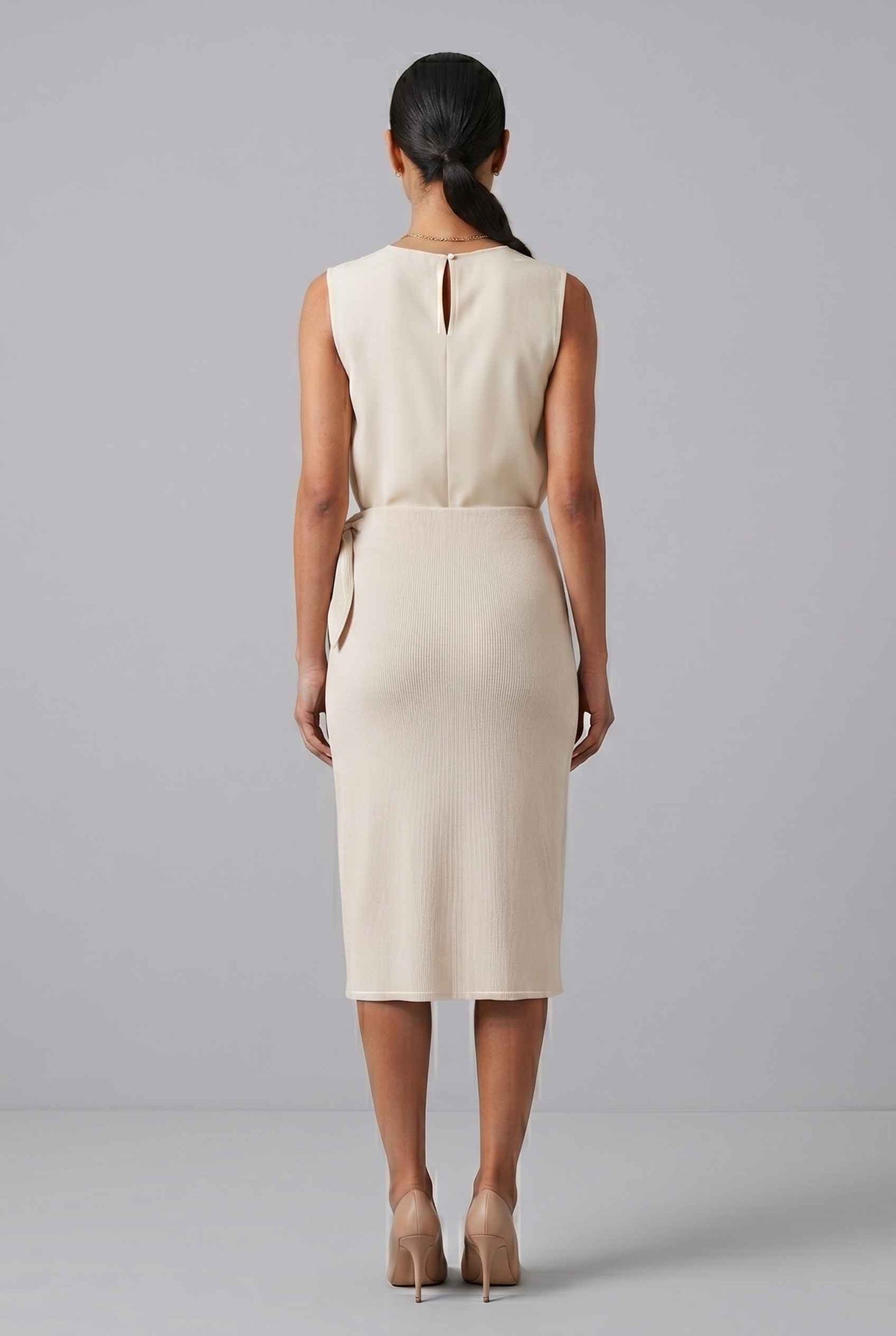 Virtual Model wearing The Esme Wrap Skirt Tie Waist Beige Midi Skirt