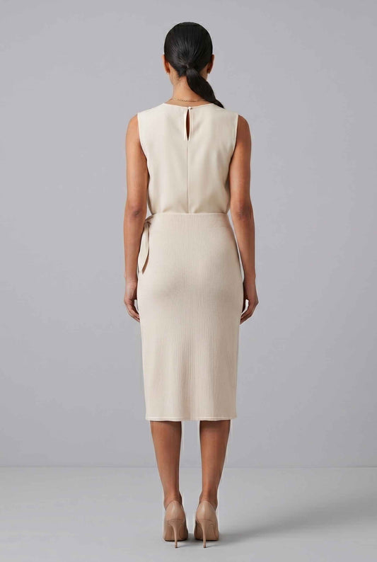 Virtual Model wearing The Esme Wrap Skirt Tie Waist Beige Midi Skirt
