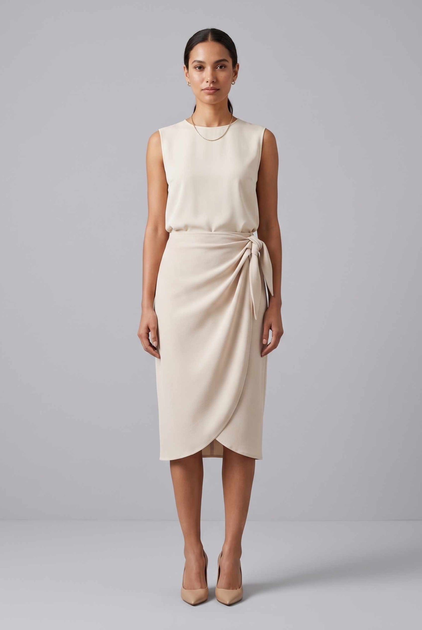 Virtual Model wearing The Esme Wrap Skirt Tie Waist Beige Midi Skirt