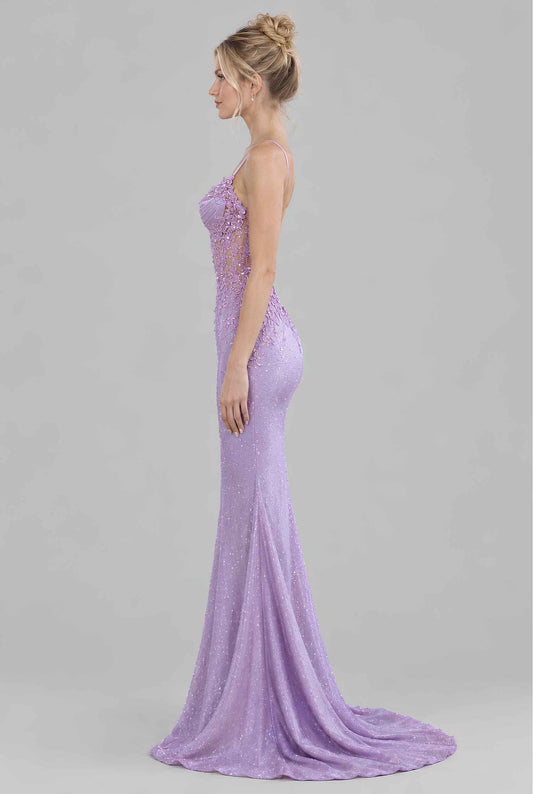 Virtual model wearing The Esmeralda Embellished Dress Shimmer Embellished Corset Dress Lavender