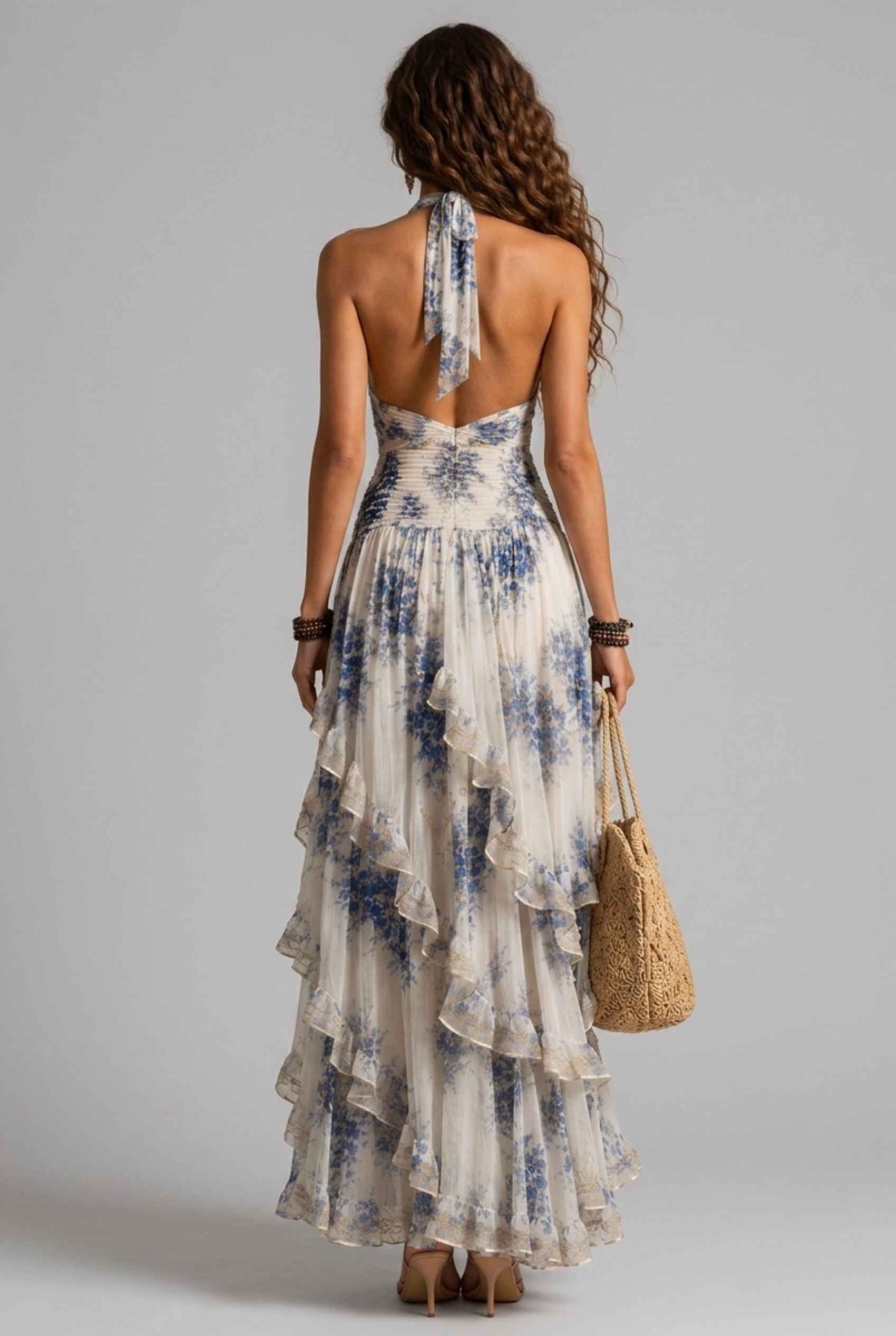 Virtual Model wearing The Esmeralda Tiered Dress Ruffle Floral Blue Halter Dress