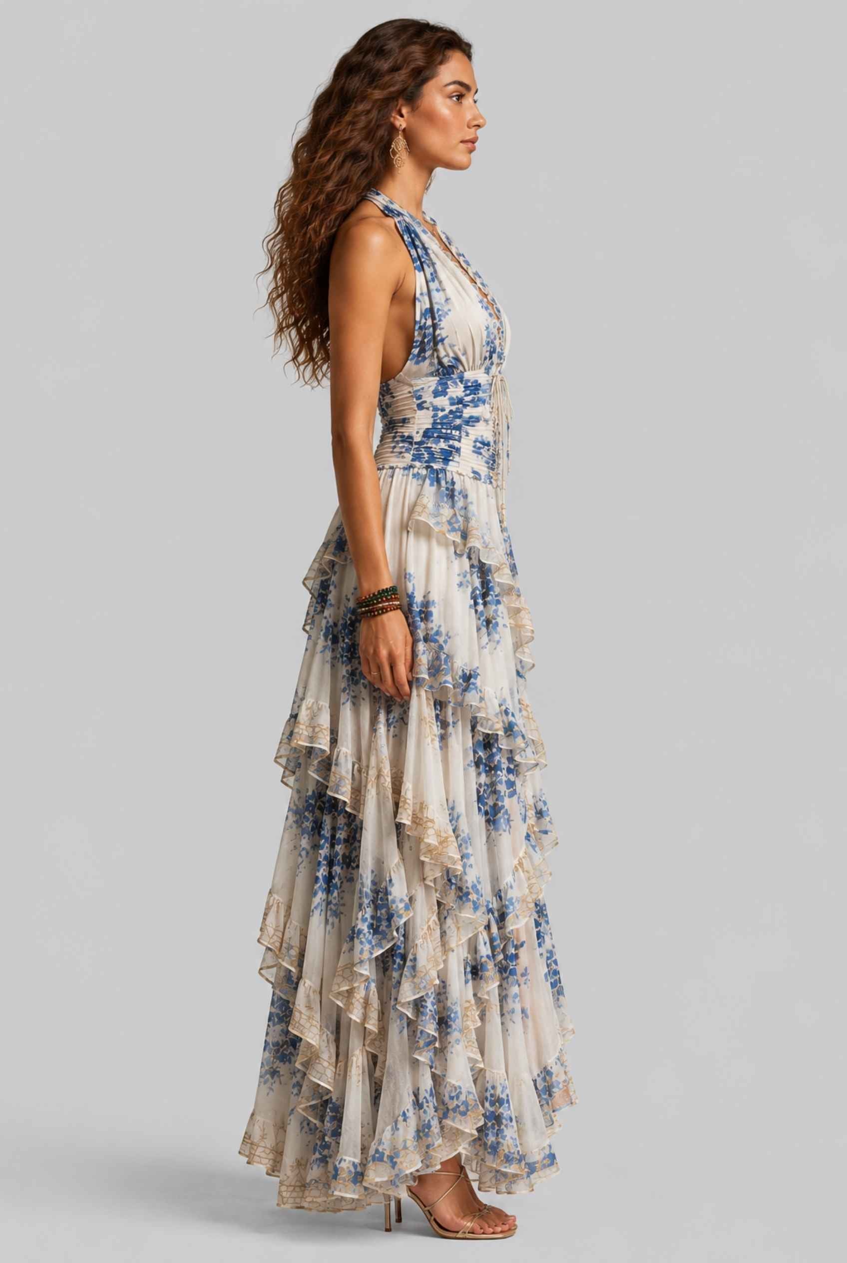 Virtual Model wearing The Esmeralda Tiered Dress Ruffle Floral Blue Halter Dress