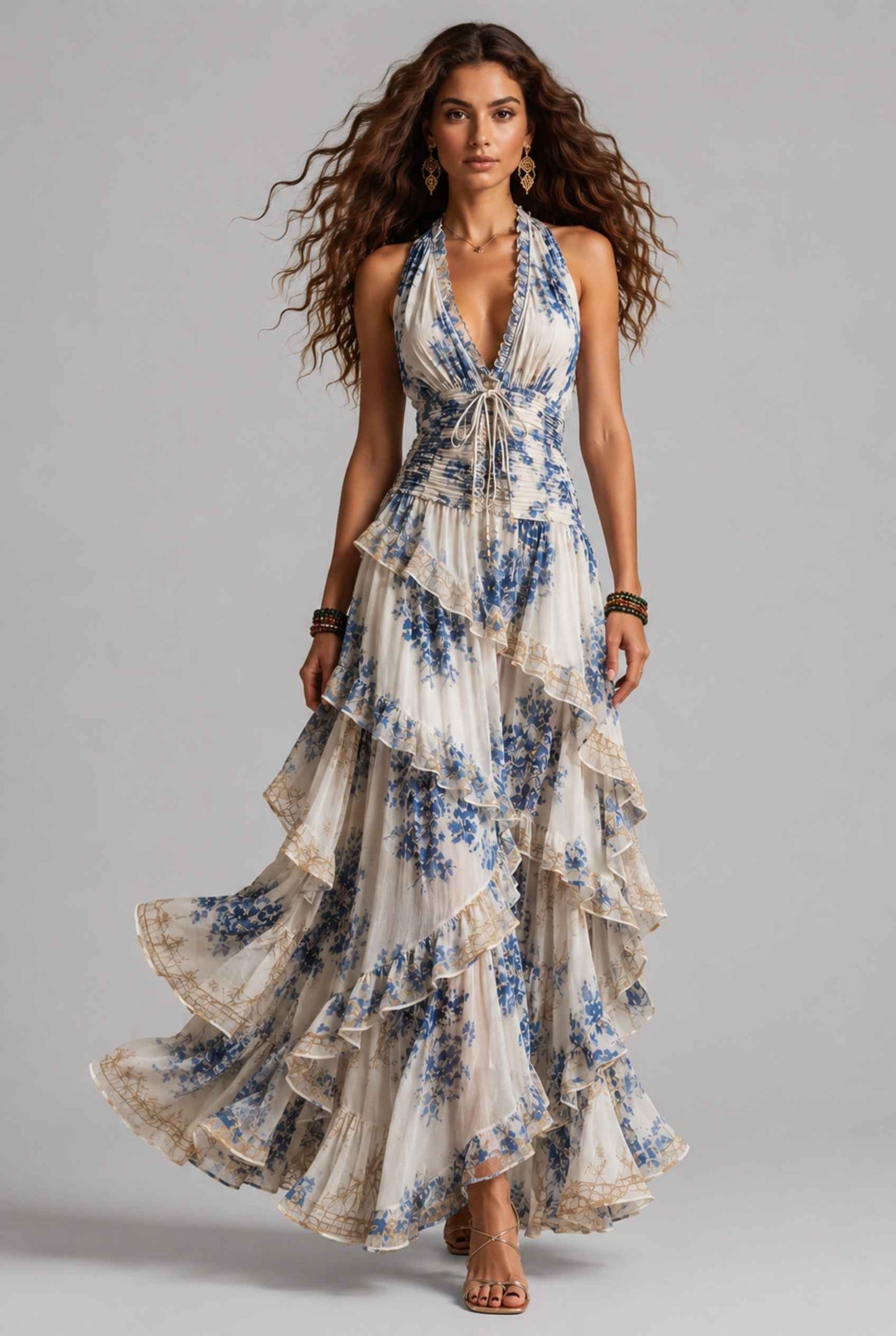 Virtual Model wearing The Esmeralda Tiered Dress Ruffle Floral Blue Halter Dress