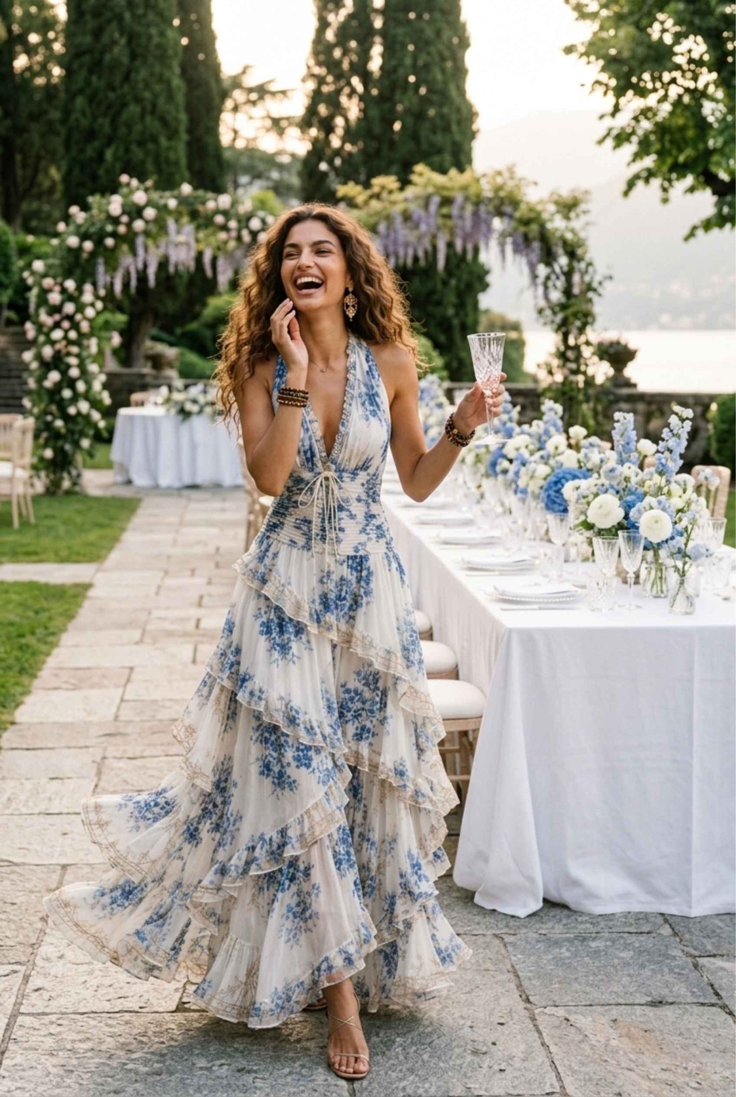 Virtual Model wearing The Esmeralda Tiered Dress Ruffle Floral Blue Halter Dress