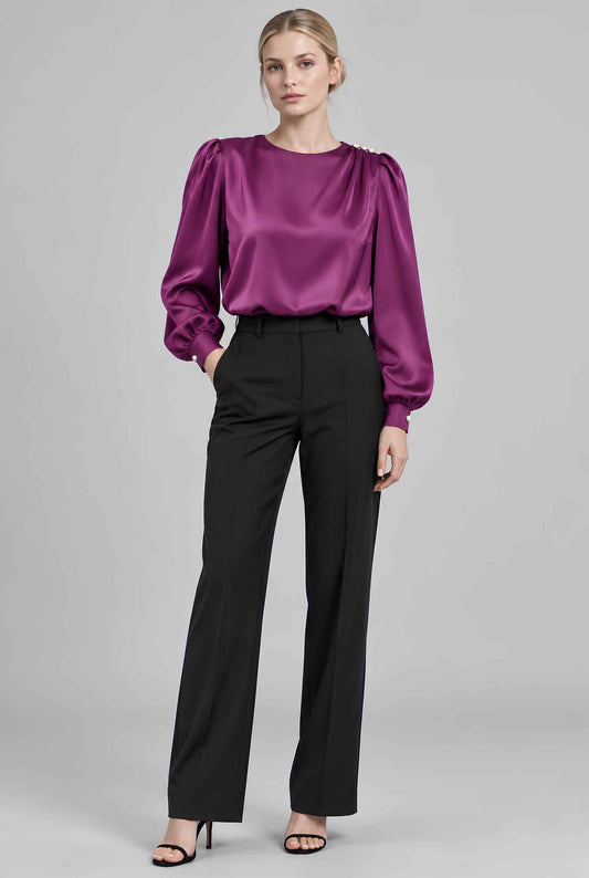 Virtual model wearing The Estella Pearl-Embellished Blouse Purple Satin Pearl Long Sleeve Blouse