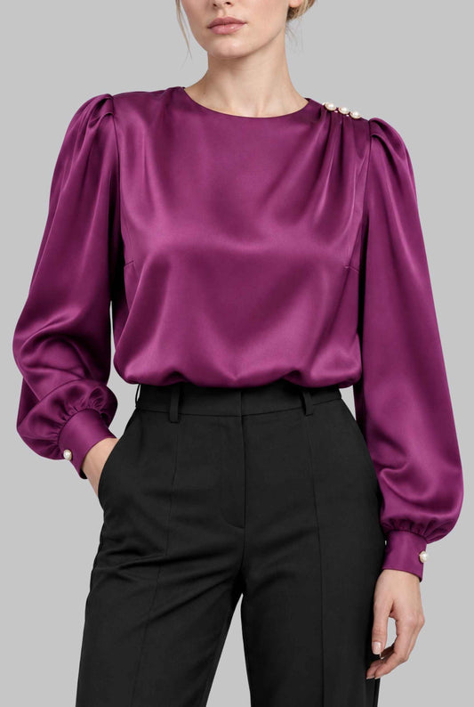 Virtual model wearing The Estella Pearl-Embellished Blouse Purple Satin Pearl Long Sleeve Blouse