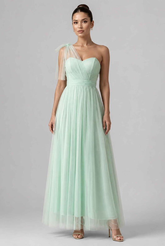 Virtual model wearing The Evangeline Tulle Dress Asymmetric One-Shoulder Mint Green Gown