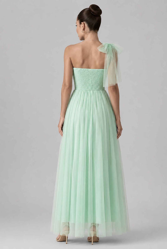 Virtual model wearing The Evangeline Tulle Dress Asymmetric One-Shoulder Mint Green Gown