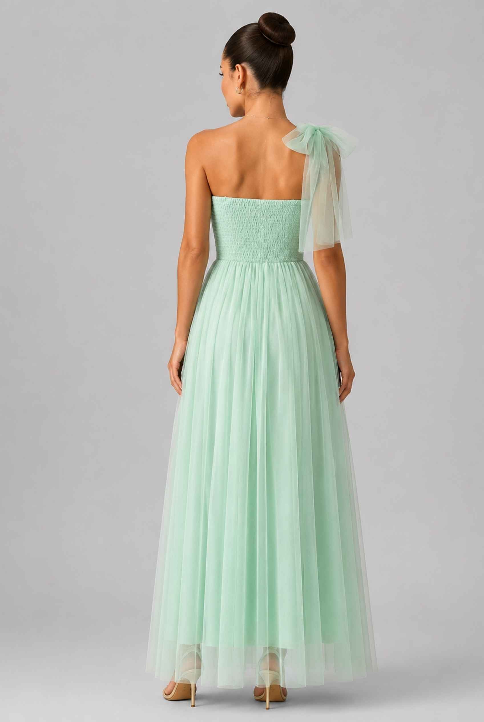 Virtual Model Wearing The Evangeline Tulle Dress Asymmetric One-Shoulder Mint Green Gown