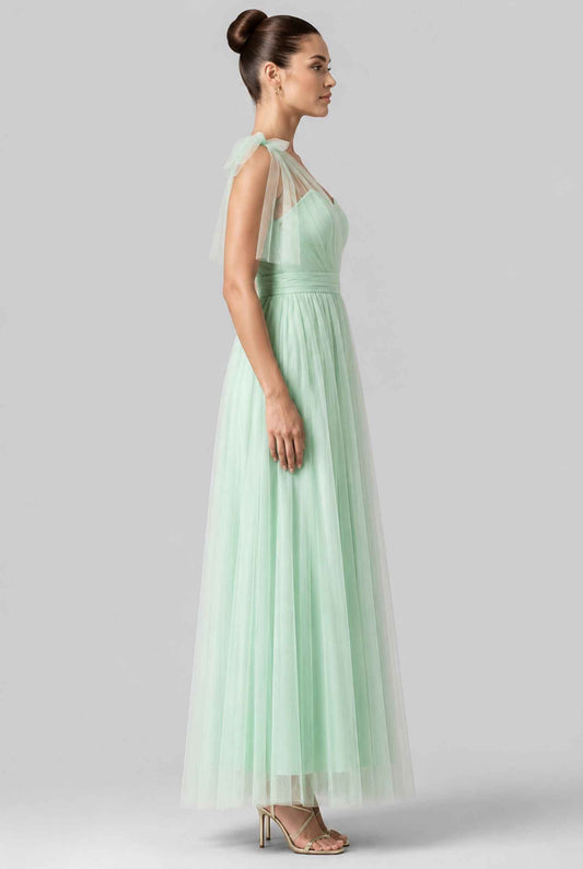 Virtual model wearing The Evangeline Tulle Dress Asymmetric One-Shoulder Mint Green Gown