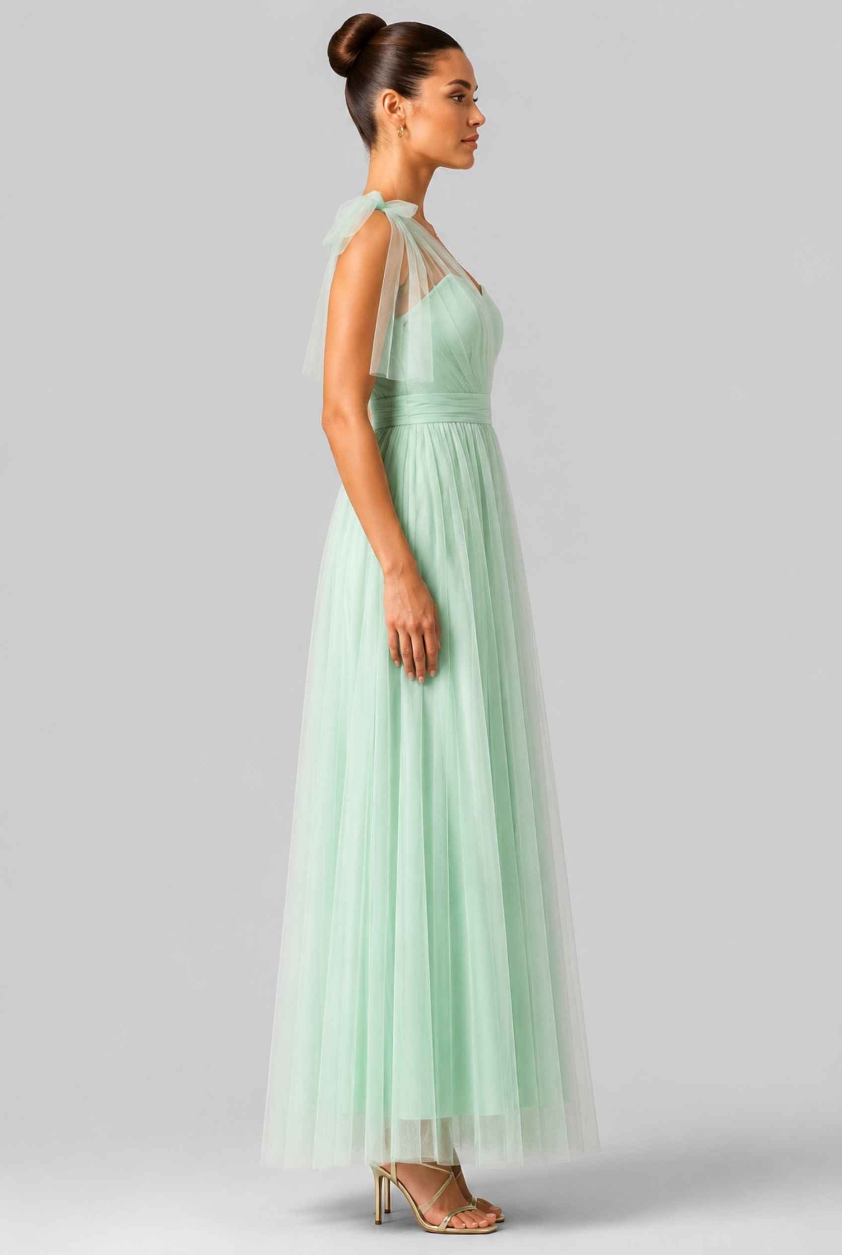 Virtual Model Wearing The Evangeline Tulle Dress Asymmetric One-Shoulder Mint Green Gown