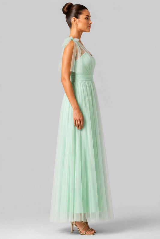 Virtual Model Wearing The Evangeline Tulle Dress Asymmetric One-Shoulder Mint Green Gown