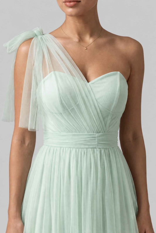 Virtual model wearing The Evangeline Tulle Dress Asymmetric One-Shoulder Mint Green Gown