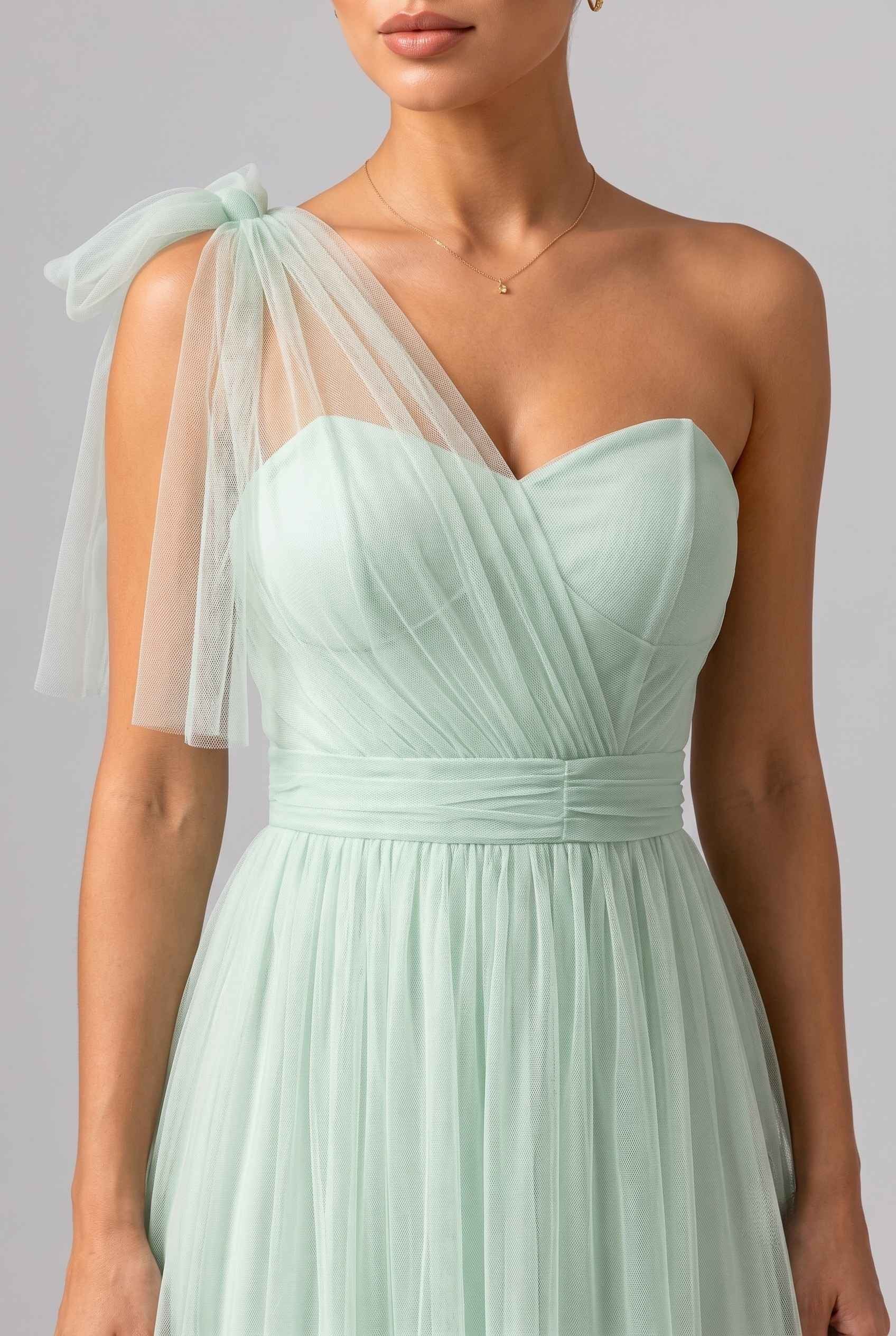 Virtual Model Wearing The Evangeline Tulle Dress Asymmetric One-Shoulder Mint Green Gown
