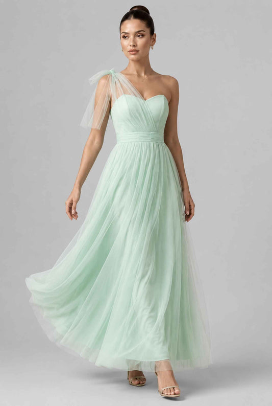 Virtual model wearing The Evangeline Tulle Dress Asymmetric One-Shoulder Mint Green Gown