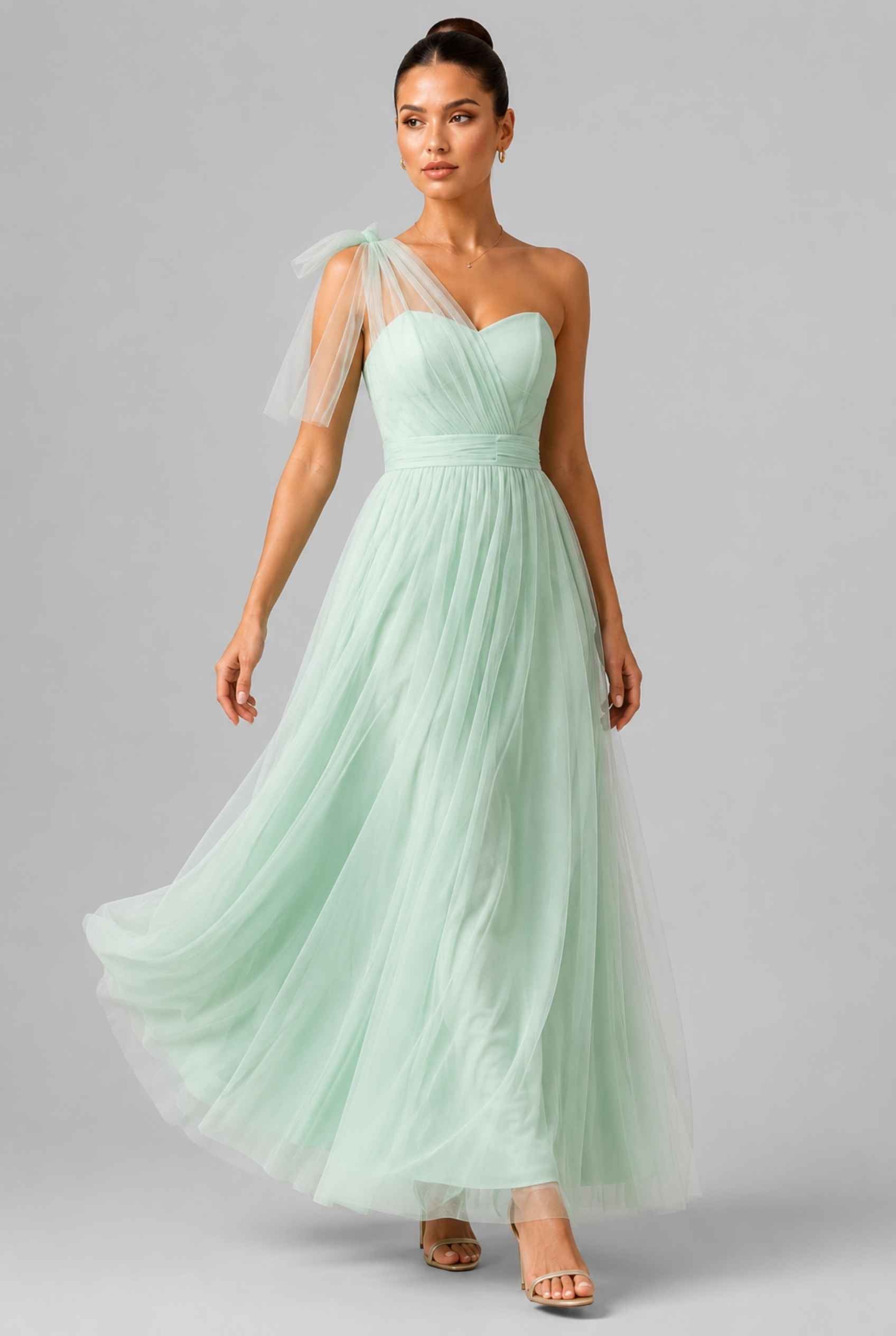 Virtual Model Wearing The Evangeline Tulle Dress Asymmetric One-Shoulder Mint Green Gown